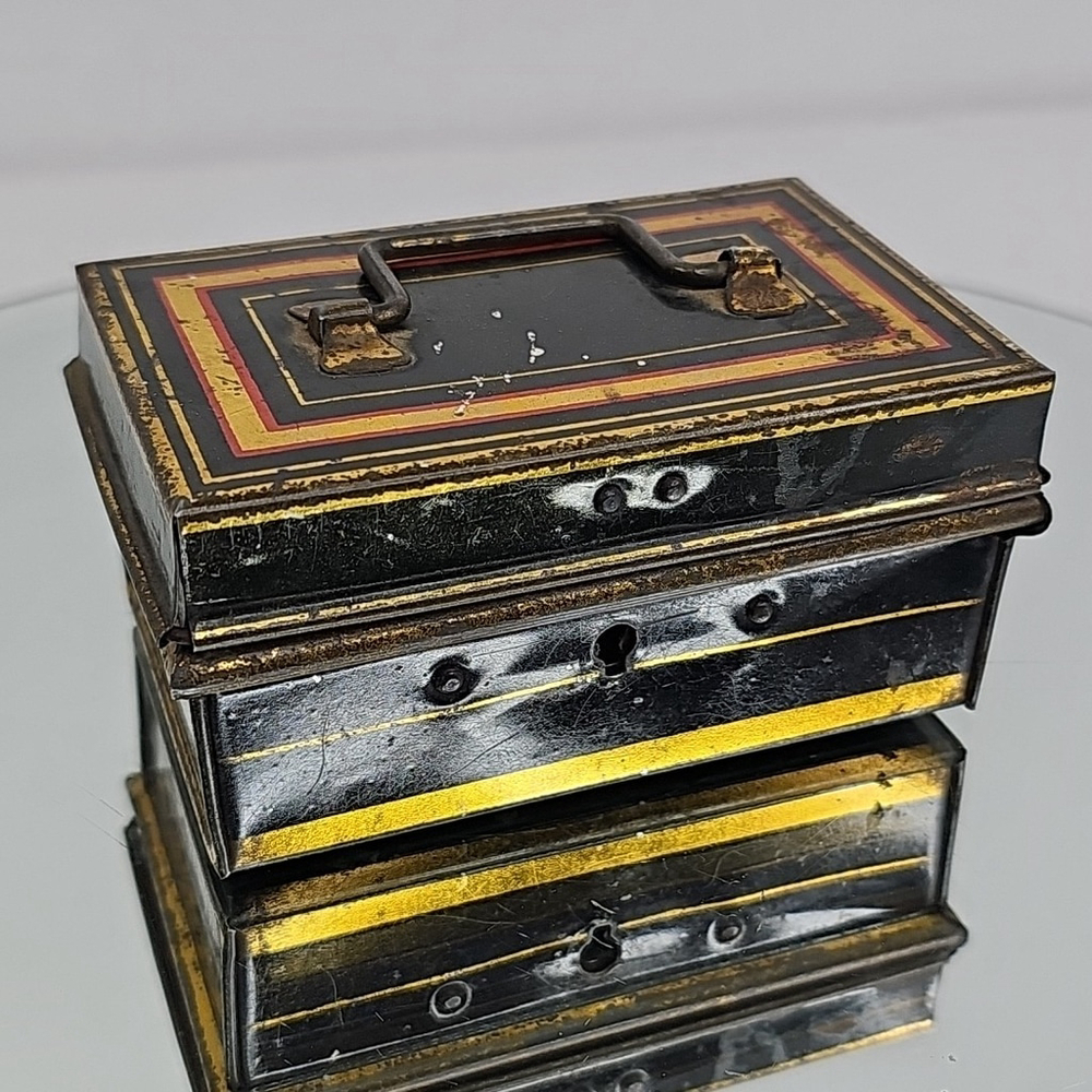 Vintage Miniature Black Metal Lock Box No Key, With Inside Tray Made In England